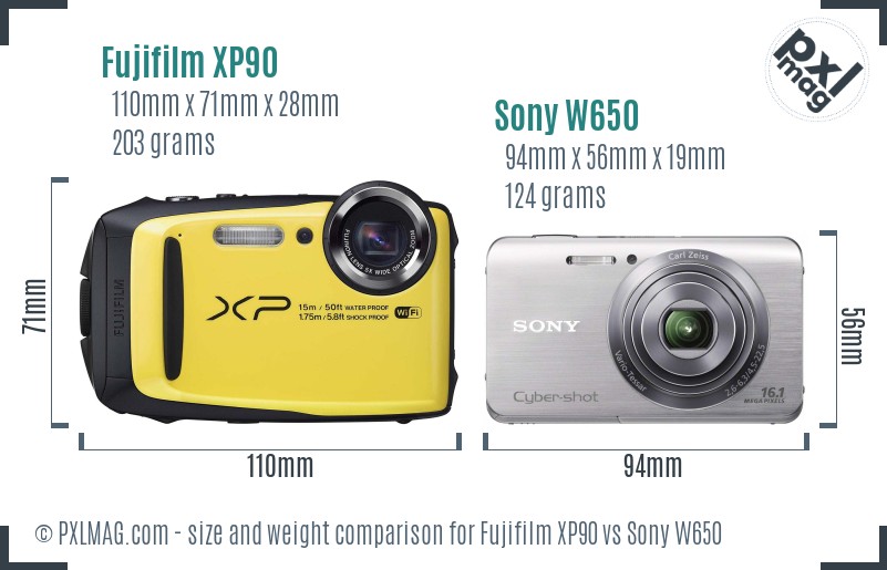Fujifilm XP90 vs Sony W650 size comparison