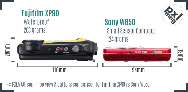 Fujifilm XP90 vs Sony W650 top view buttons comparison