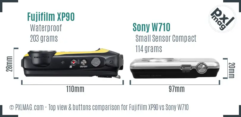 Fujifilm XP90 vs Sony W710 top view buttons comparison