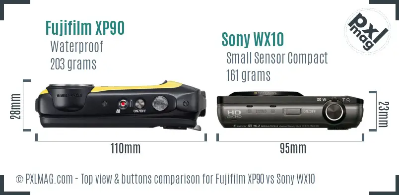 Fujifilm XP90 vs Sony WX10 top view buttons comparison
