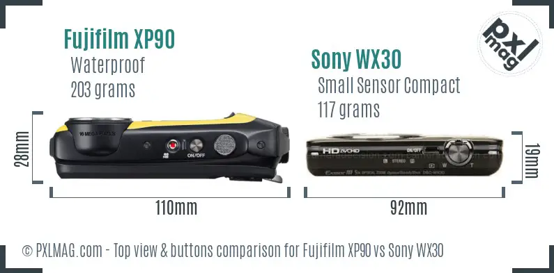 Fujifilm XP90 vs Sony WX30 top view buttons comparison Fujifilm XP90 vs Sony WX30 top view buttons comparison