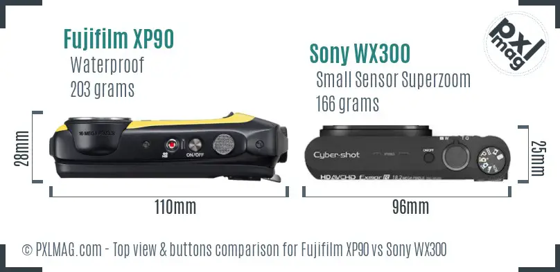 Fujifilm XP90 vs Sony WX300 top view buttons comparison