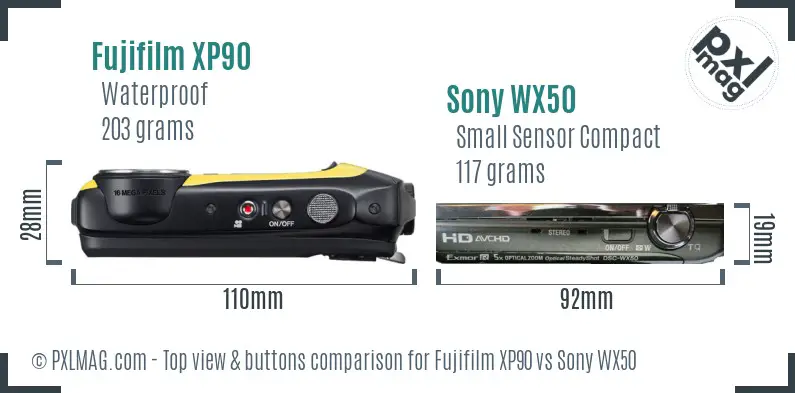 Fujifilm XP90 vs Sony WX50 top view buttons comparison Fujifilm XP90 vs Sony WX50 top view buttons comparison