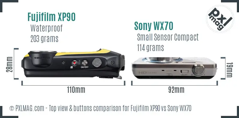Fujifilm XP90 vs Sony WX70 top view buttons comparison
