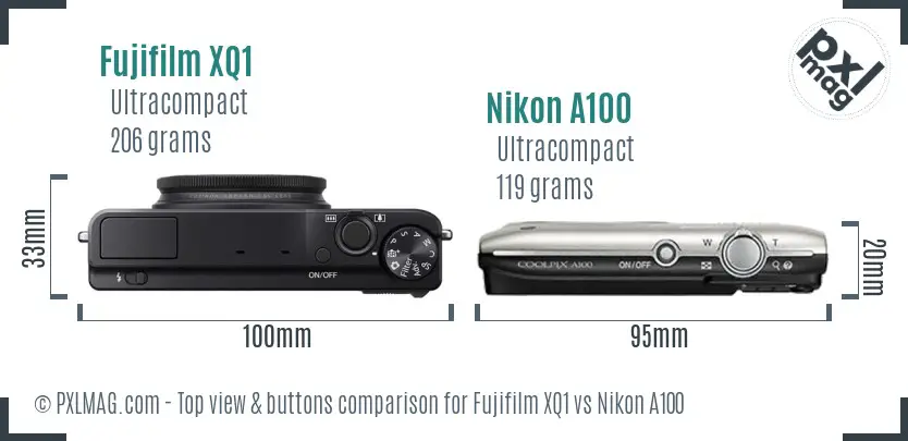 Fujifilm XQ1 vs Nikon A100 top view buttons comparison