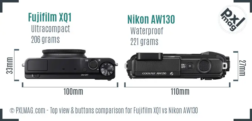 Fujifilm XQ1 vs Nikon AW130 top view buttons comparison