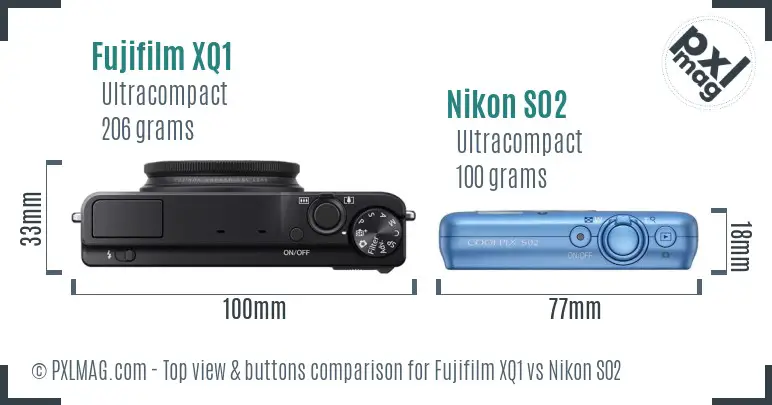 Fujifilm XQ1 vs Nikon S02 top view buttons comparison