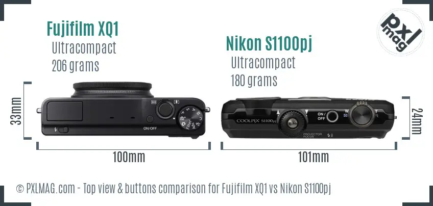 Fujifilm XQ1 vs Nikon S1100pj top view buttons comparison