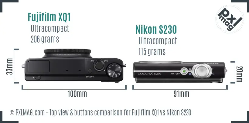 Fujifilm XQ1 vs Nikon S230 top view buttons comparison