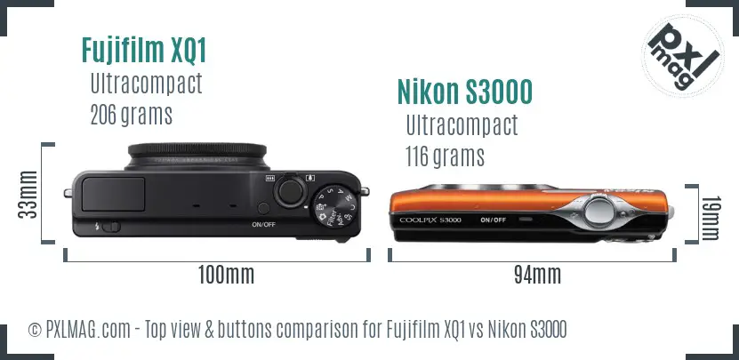 Fujifilm XQ1 vs Nikon S3000 top view buttons comparison