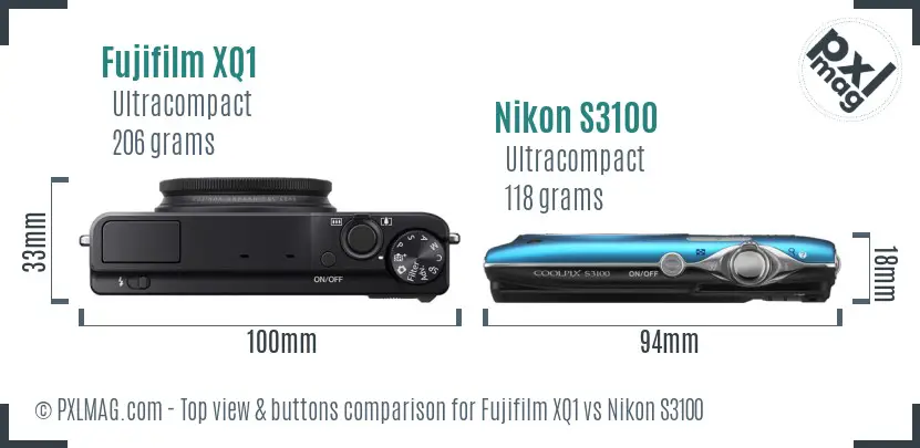 Fujifilm XQ1 vs Nikon S3100 top view buttons comparison