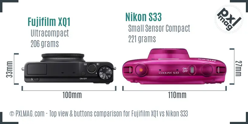 Fujifilm XQ1 vs Nikon S33 top view buttons comparison