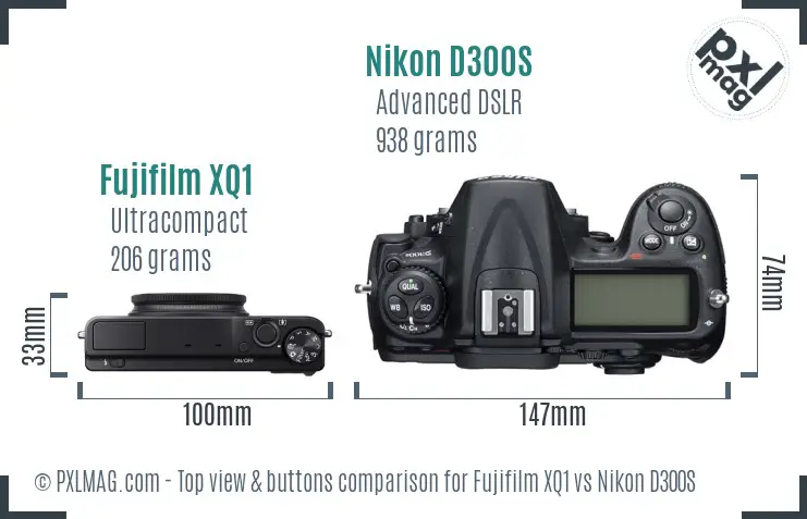 Fujifilm XQ1 vs Nikon D300S top view buttons comparison