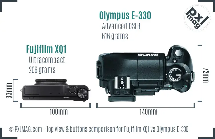 Fujifilm XQ1 vs Olympus E-330 top view buttons comparison