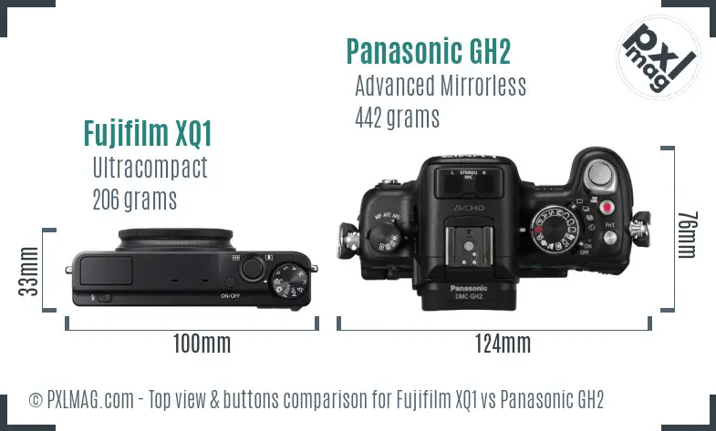 Fujifilm XQ1 vs Panasonic GH2 top view buttons comparison