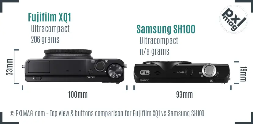 Fujifilm XQ1 vs Samsung SH100 top view buttons comparison