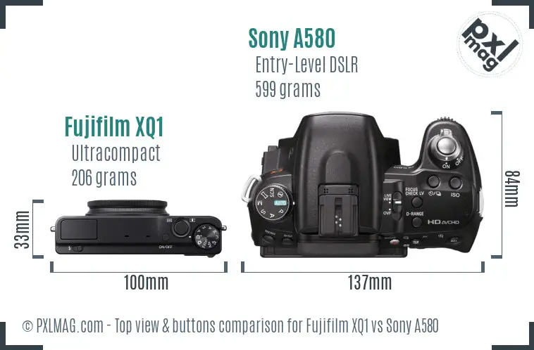 Fujifilm XQ1 vs Sony A580 top view buttons comparison