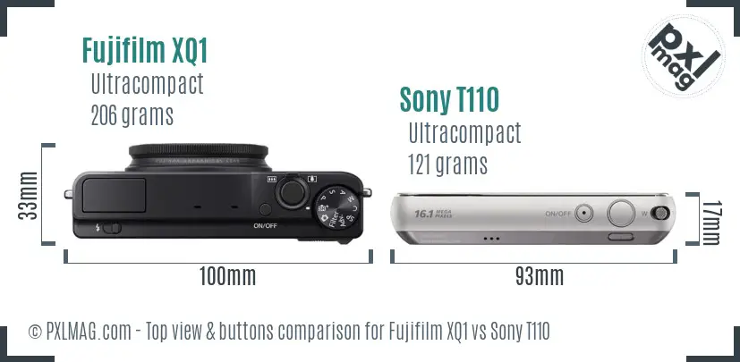 Fujifilm XQ1 vs Sony T110 top view buttons comparison