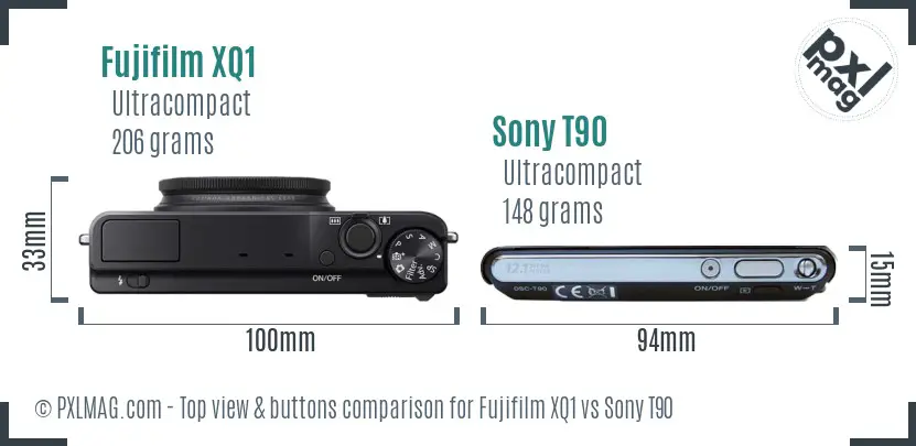Fujifilm XQ1 vs Sony T90 top view buttons comparison