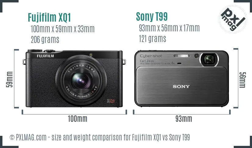 Fujifilm XQ1 vs Sony T99 size comparison
