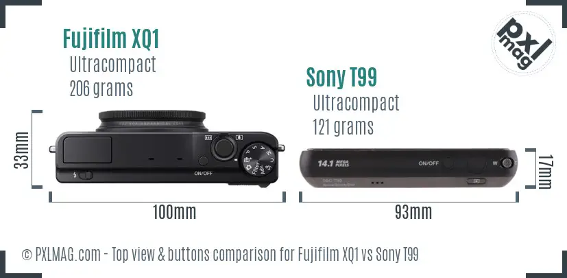 Fujifilm XQ1 vs Sony T99 top view buttons comparison