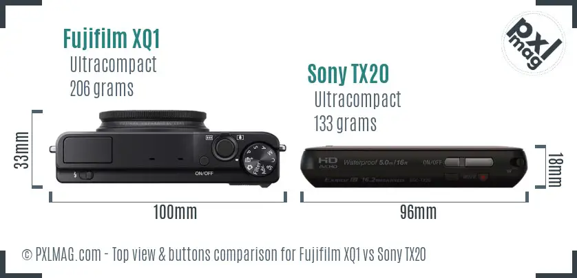 Fujifilm XQ1 vs Sony TX20 top view buttons comparison