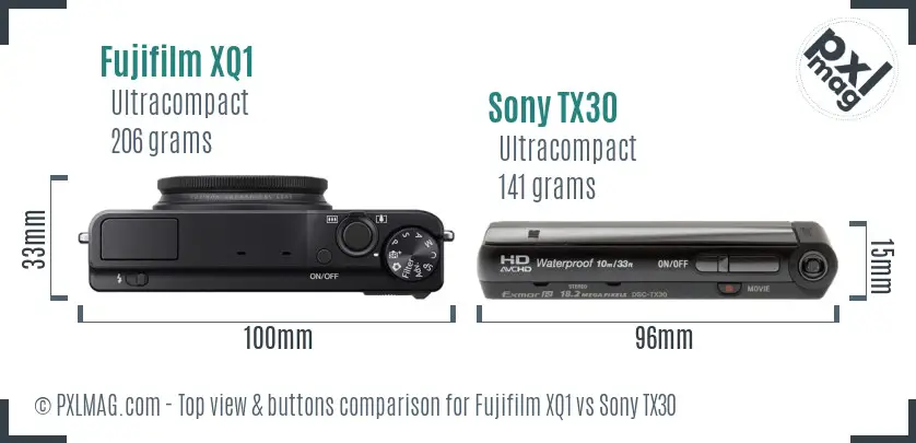 Fujifilm XQ1 vs Sony TX30 top view buttons comparison