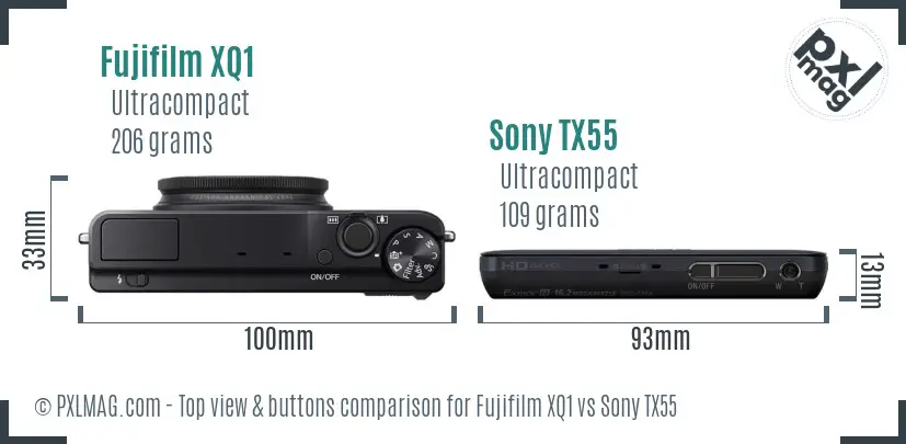 Fujifilm XQ1 vs Sony TX55 top view buttons comparison
