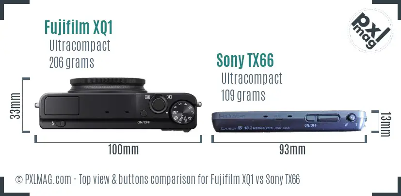 Fujifilm XQ1 vs Sony TX66 top view buttons comparison
