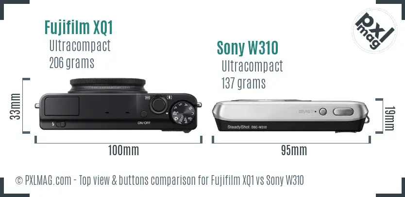 Fujifilm XQ1 vs Sony W310 top view buttons comparison