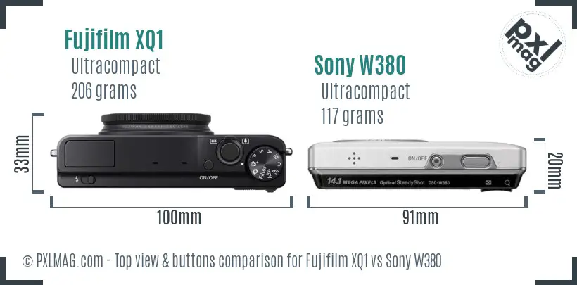 Fujifilm XQ1 vs Sony W380 top view buttons comparison