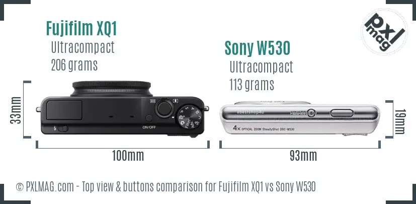 Fujifilm XQ1 vs Sony W530 top view buttons comparison