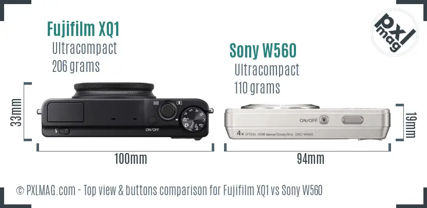 Fujifilm XQ1 vs Sony W560 top view buttons comparison