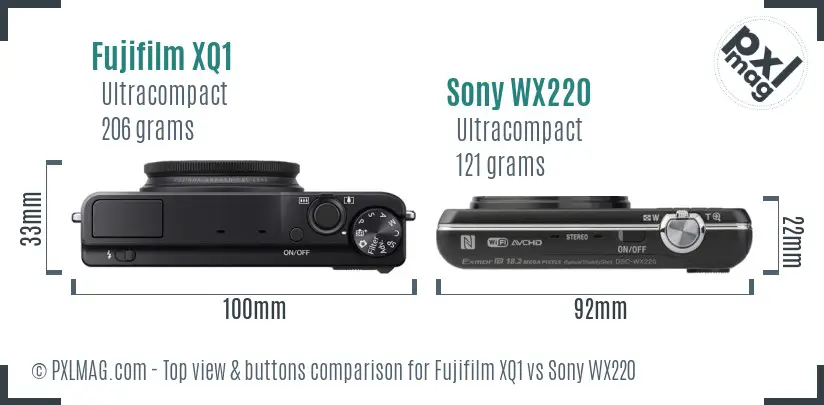 Fujifilm XQ1 vs Sony WX220 top view buttons comparison