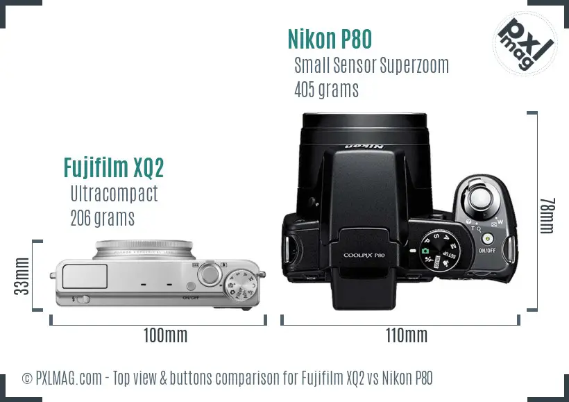 Fujifilm XQ2 vs Nikon P80 top view buttons comparison