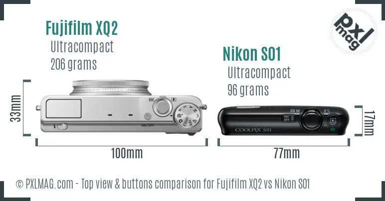 Fujifilm XQ2 vs Nikon S01 top view buttons comparison