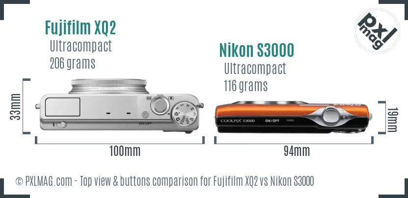 Fujifilm XQ2 vs Nikon S3000 top view buttons comparison
