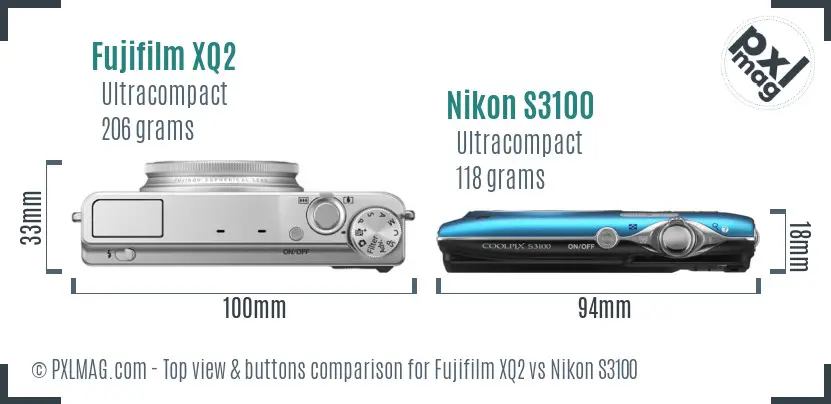 Fujifilm XQ2 vs Nikon S3100 top view buttons comparison