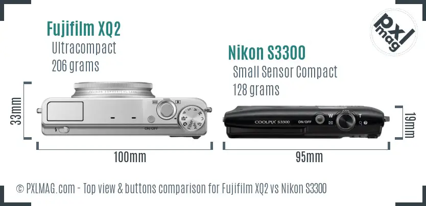 Fujifilm XQ2 vs Nikon S3300 top view buttons comparison