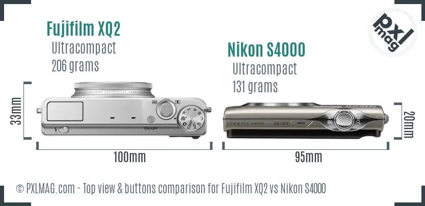 Fujifilm XQ2 vs Nikon S4000 top view buttons comparison