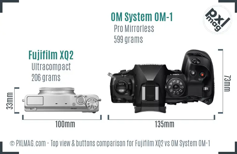 Fujifilm XQ2 vs OM System OM-1 top view buttons comparison