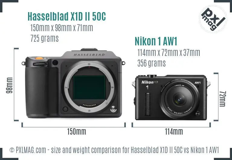 Hasselblad X1D II 50C vs Nikon 1 AW1 size comparison