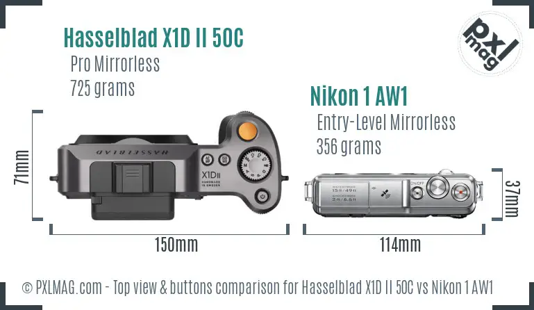 Hasselblad X1D II 50C vs Nikon 1 AW1 top view buttons comparison