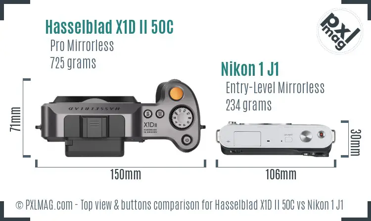 Hasselblad X1D II 50C vs Nikon 1 J1 top view buttons comparison