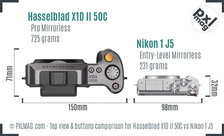 Hasselblad X1D II 50C vs Nikon 1 J5 top view buttons comparison Hasselblad X1D II 50C vs Nikon 1 J5 top view buttons comparison