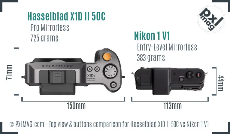 Hasselblad X1D II 50C vs Nikon 1 V1 top view buttons comparison