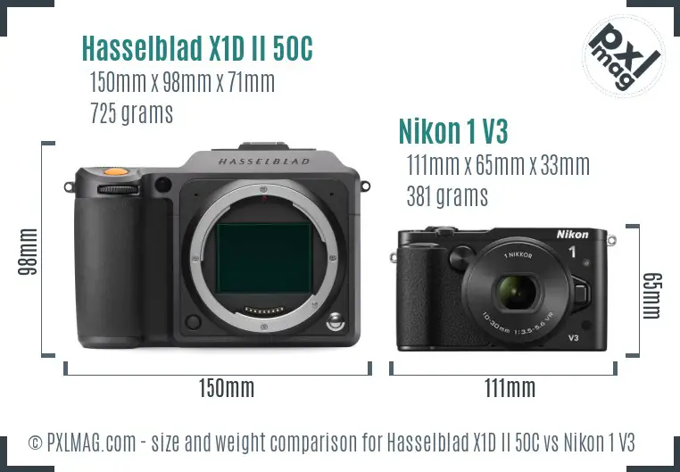 Hasselblad X1D II 50C vs Nikon 1 V3 size comparison Hasselblad X1D II 50C vs Nikon 1 V3 size comparison