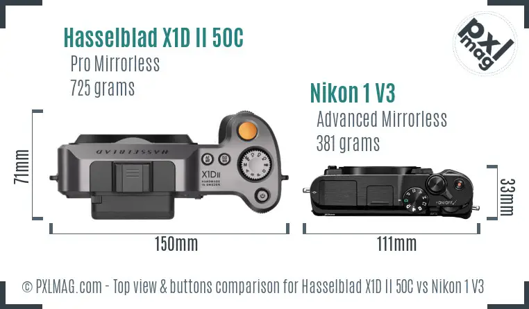 Hasselblad X1D II 50C vs Nikon 1 V3 top view buttons comparison Hasselblad X1D II 50C vs Nikon 1 V3 top view buttons comparison