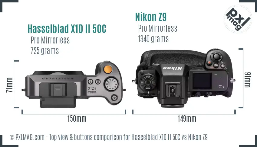 Hasselblad X1D II 50C vs Nikon Z9 top view buttons comparison