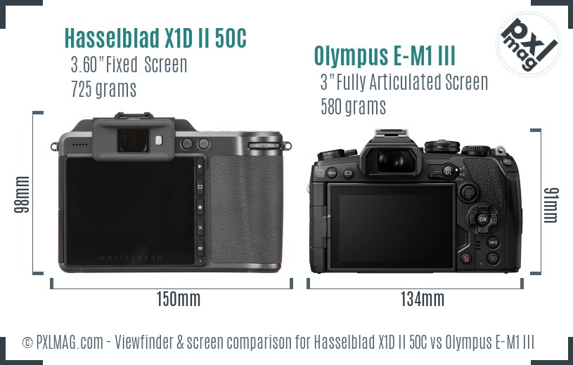 Hasselblad X1D II 50C vs Olympus E-M1 III Screen and Viewfinder comparison
